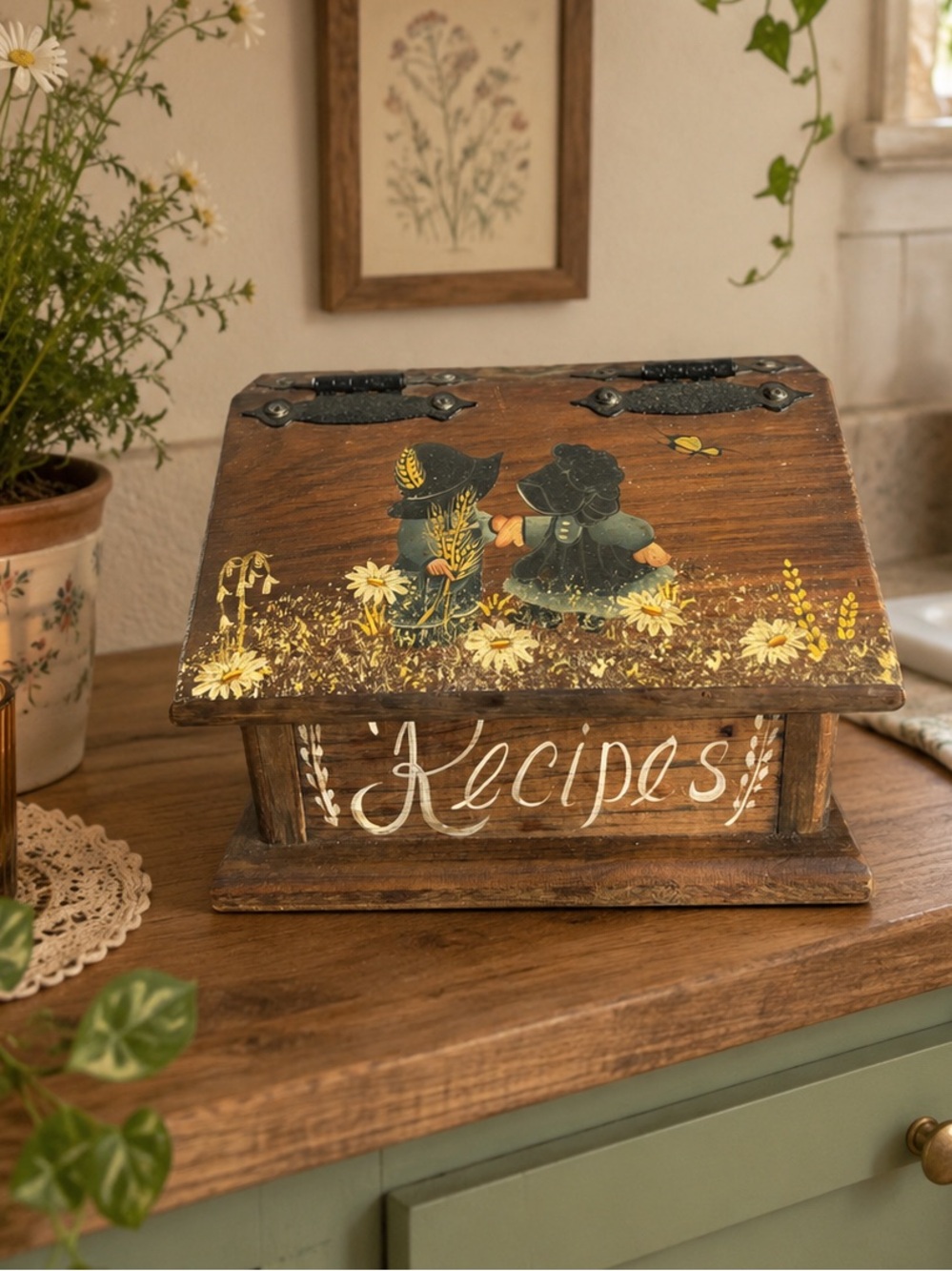 Vintage Storybook Folk Art Wooden Hinged Recipie Box Hand Painted Cottage Core